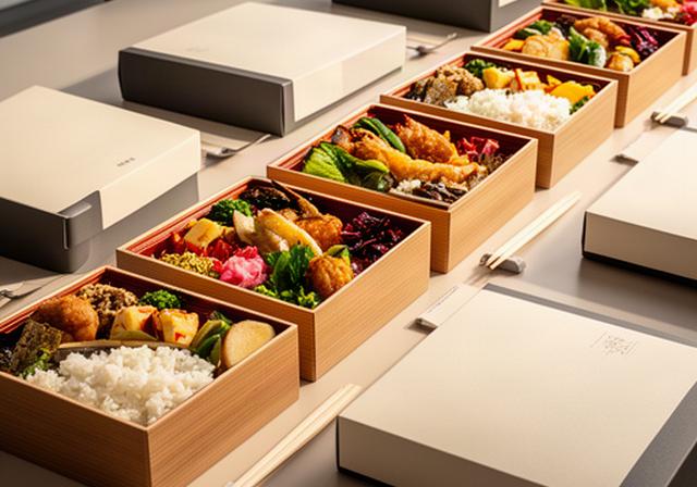 季節の料理を詰めた個別配布用の弁当を会議参加者向けに並べた様子