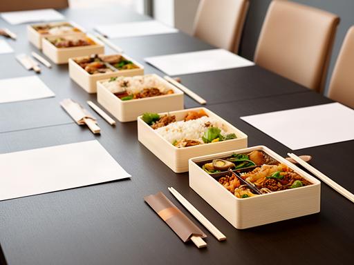 会議室の長机に並べた弁当と箸、資料の脇で会議後の昼食を準備した場面