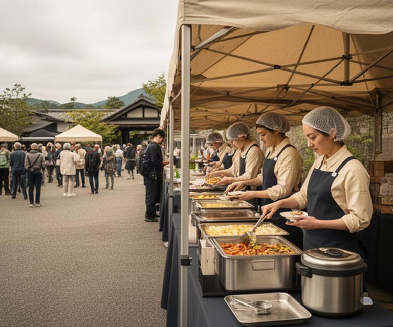 日田の屋外地域イベントで、テント下に料理の提供台と配膳スタッフが並ぶ様子