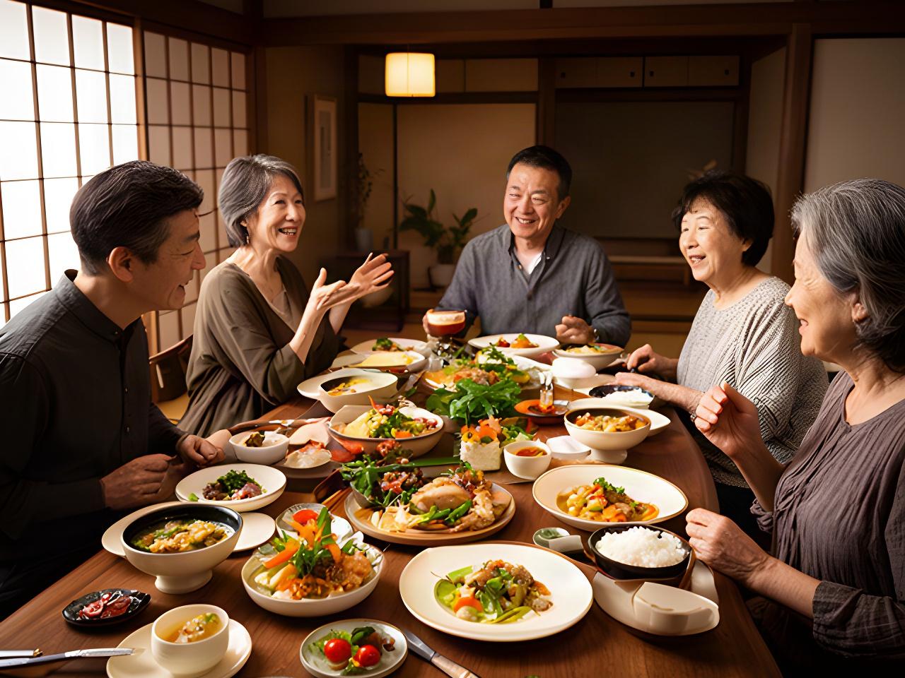日田の住宅の食卓に並ぶ季節の料理と、家族で囲むホームパーティーの様子